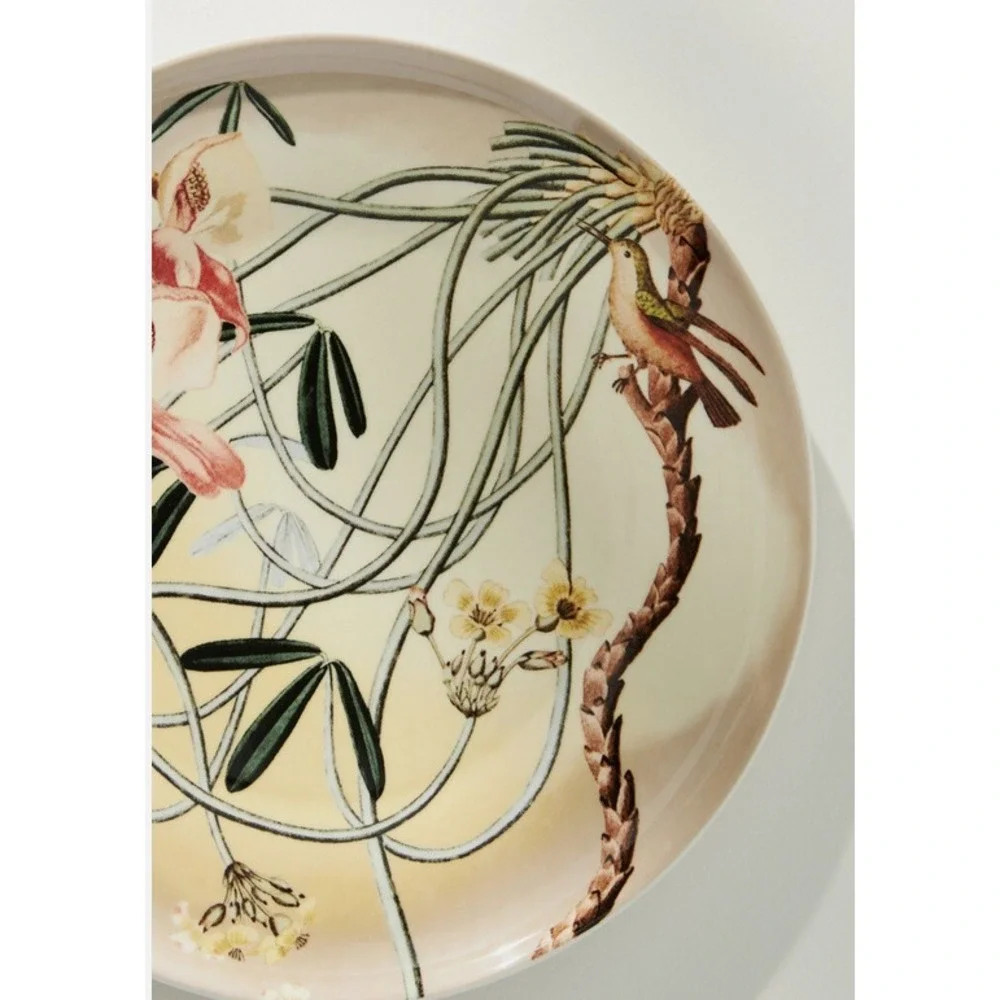 Anthropologie Orchid Dessert Plate Botanical Birds‎ Hummingbird Coral Gorgeous